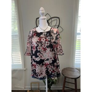 Vince Camuto Floral Chiffon Blouse M Black Pink Sheer Bell Sleeve Layered Top